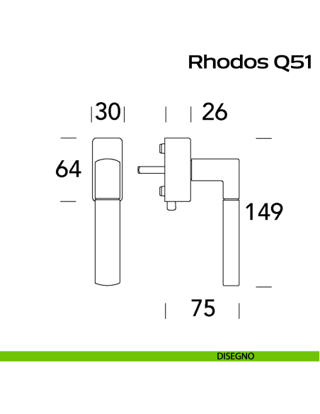 Maniglia in acciaio per finestra DK con pulsante su placca Rhodos Q51 Reguitti Inox disegno