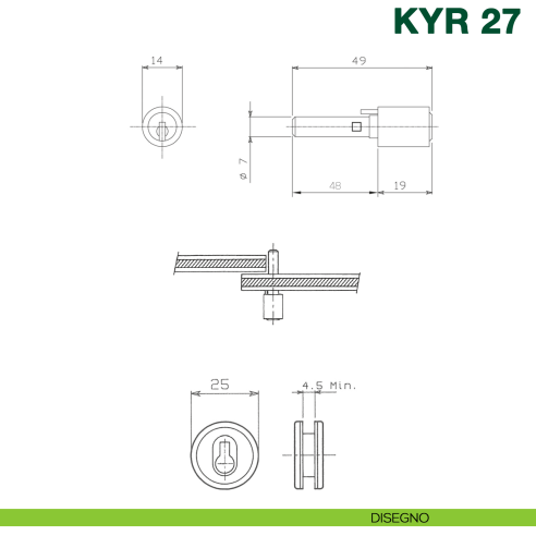 Serratura per scorrevole in vetro con cilindro KYR Securital diametro 14 mm lunghezza perno 48 mm KYR 27 - disegno