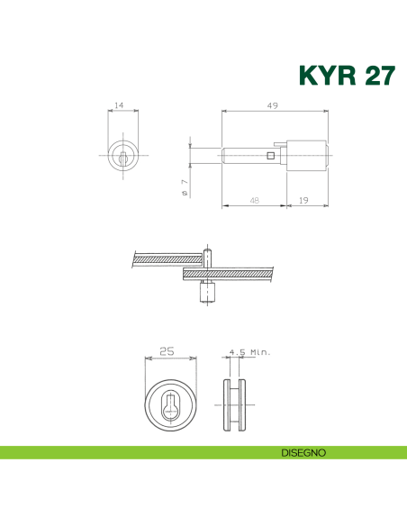 Serratura per scorrevole in vetro con cilindro KYR Securital diametro 14 mm lunghezza perno 48 mm KYR 27 - disegno