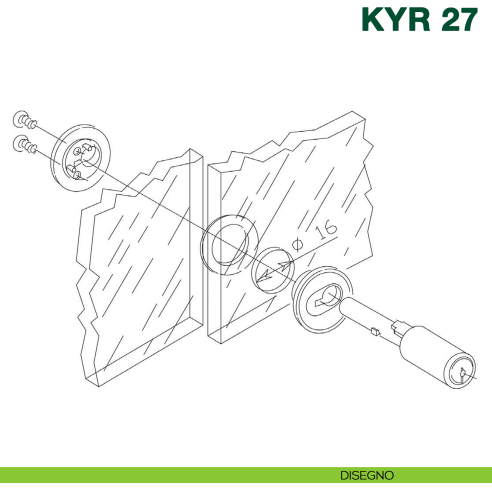 Serratura per scorrevole in vetro con cilindro KYR Securital diametro 14 mm lunghezza perno 48 mm KYR 27 - disegno