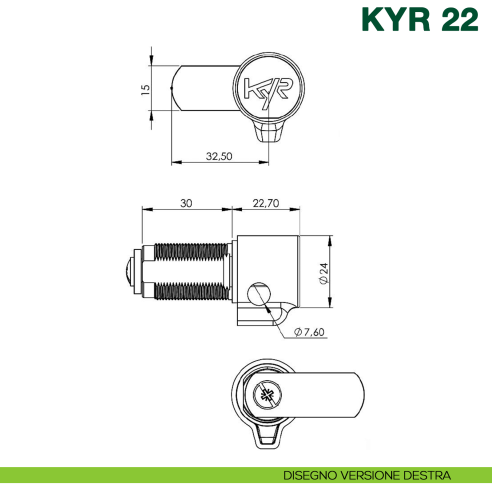 Serratura lucchettabile per armadietti Kyr Securital cilindro diametro 19 mm lunghezza 30 mm KYR 22 - disegno versione destra