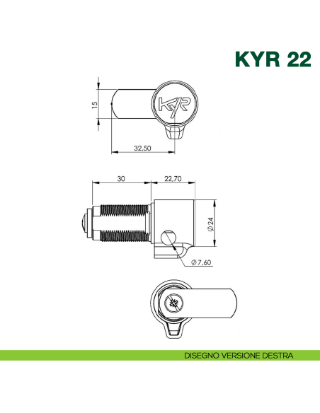Serratura lucchettabile per armadietti Kyr Securital cilindro diametro 19 mm lunghezza 30 mm KYR 22 - disegno versione destra