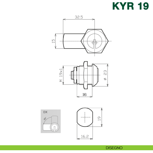 Serratura universale con cilindro a levetta KYR Securital diametro 19 mm lunghezza 16 mm KYR 19 - disegno