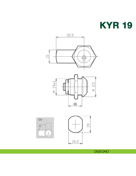 Serratura universale con cilindro a levetta KYR Securital diametro 19 mm lunghezza 16 mm KYR 19 - disegno