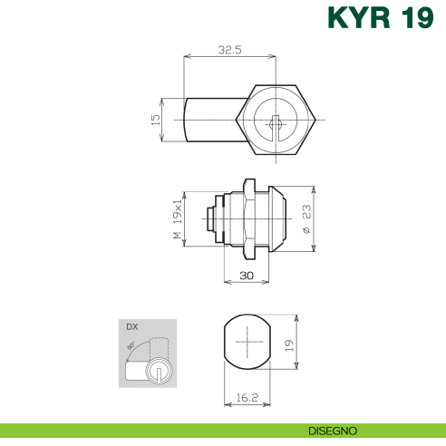 Serratura universale con cilindro a levetta KYR Securital diametro 19 mm lunghezza 30 mm KYR 19 - disegno