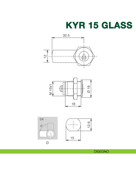 Serratura universale per ante in vetro con cilindro a levetta KYR Securital diametro 15 mm lunghezza 16 mm KYR 15 GLASS