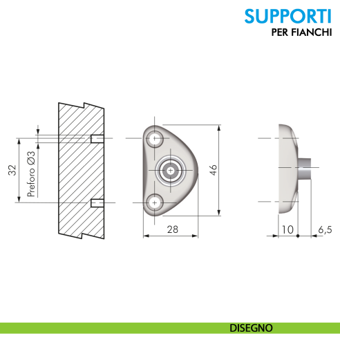 Supporto fianco per pistone Compact Ferramenta Livenza fissaggio con vite - disegno