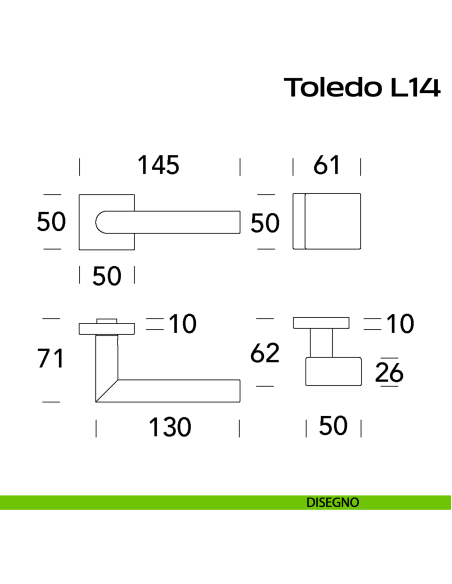 Maniglia in acciaio Toledo L14 e pomolo fisso 2Q1 Reguitti Inox rosetta quadrata - disegno