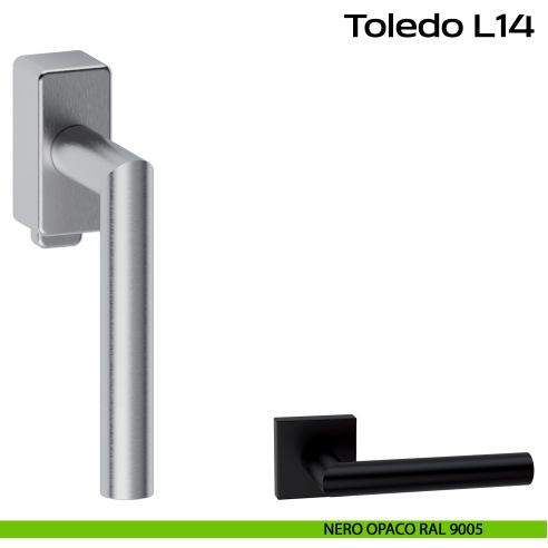 Maniglia in acciaio per finestra DK con pulsante su placca Toledo L14 Reguitti Inox rosetta rettangolare - nero opaco RAL 9005