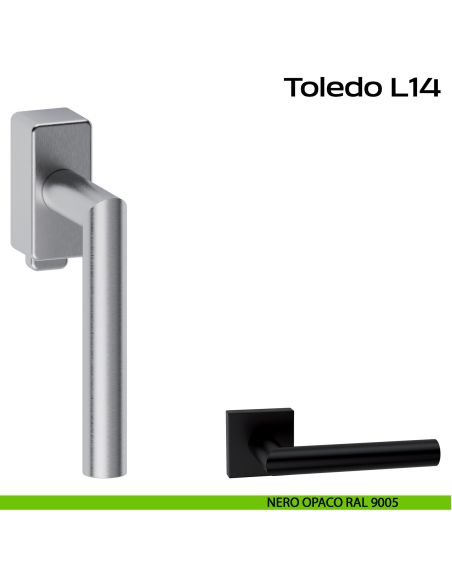 Maniglia in acciaio per finestra DK con pulsante su placca Toledo L14 Reguitti Inox rosetta rettangolare - nero opaco RAL 9005