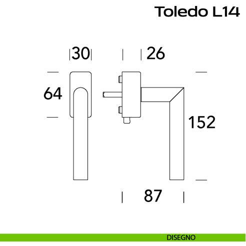 Maniglia in acciaio per finestra DK con pulsante su placca Toledo L14 Reguitti Inox rosetta rettangolare disegno