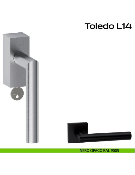 Maniglia in acciaio per finestra DK con chiave Toledo L14 Reguitti Inox rosetta rettangolare - nero opaco RAL 9005
