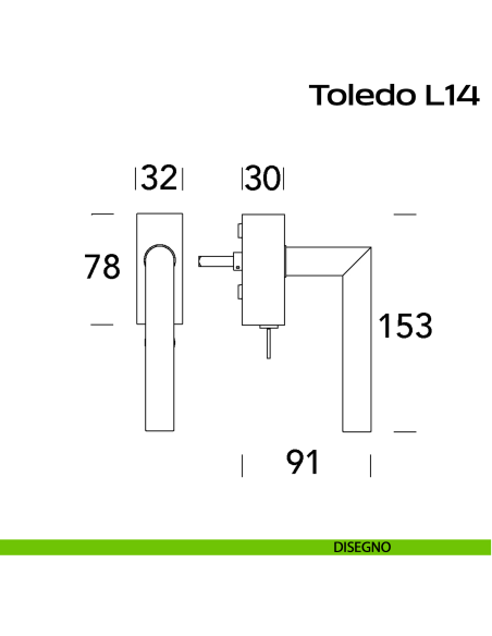 Maniglia in acciaio per finestra DK con chiave Toledo L14 Reguitti Inox rosetta rettangolare disegno