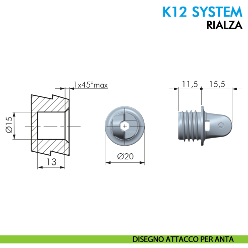 Asta a gas Ferramenta Livenza K12 System rialza lift lunghezza 244 mm - disegno attacco per anta