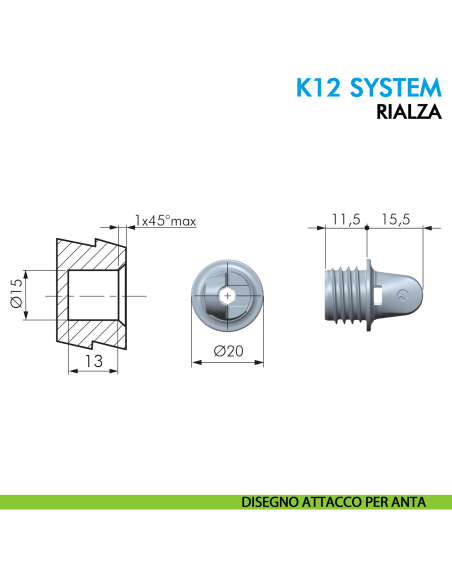 Asta a gas Ferramenta Livenza K12 System rialza lift lunghezza 244 mm - disegno attacco per anta
