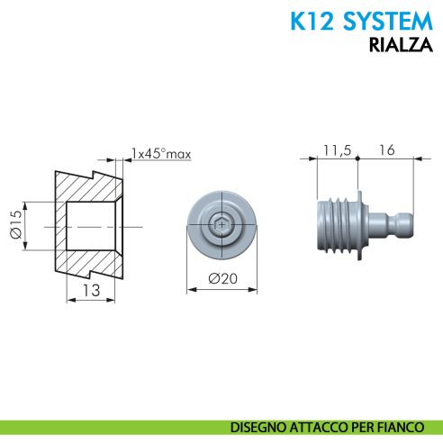 Asta a gas Ferramenta Livenza K12 System rialza lift lunghezza 244 mm - disegno attacco per fianco