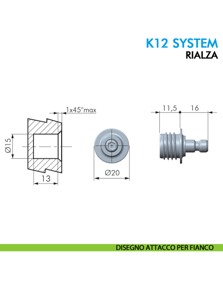Asta a gas Ferramenta Livenza K12 System rialza lift lunghezza 244 mm - disegno attacco per fianco