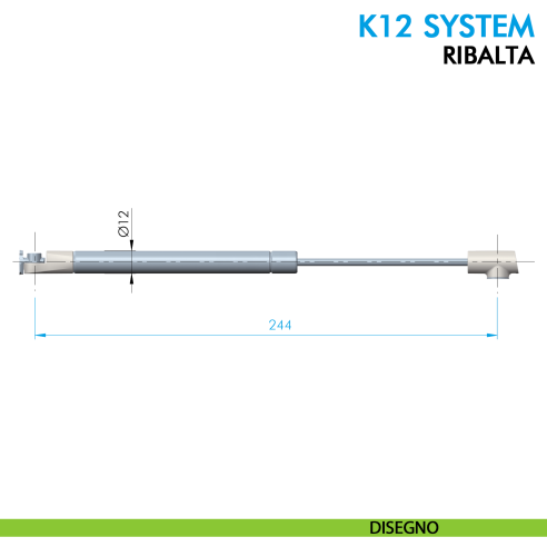 Pistone a gas Ferramenta Livenza K12 System ribalta apertura ammortizzata lunghezza 244 mm - disegno