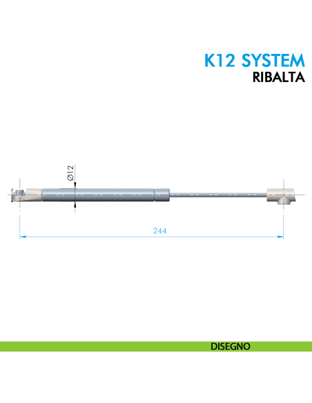 Pistone a gas Ferramenta Livenza K12 System ribalta apertura ammortizzata lunghezza 244 mm - disegno