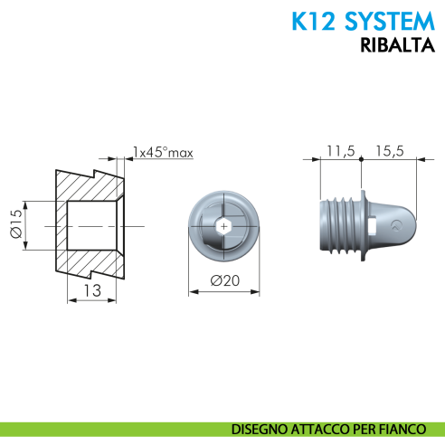 Pistone a gas Ferramenta Livenza K12 System ribalta apertura ammortizzata lunghezza 244 mm - disegno attacco per anta