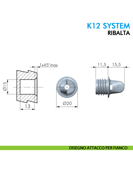 Pistone a gas Ferramenta Livenza K12 System ribalta apertura ammortizzata lunghezza 244 mm - disegno attacco per anta