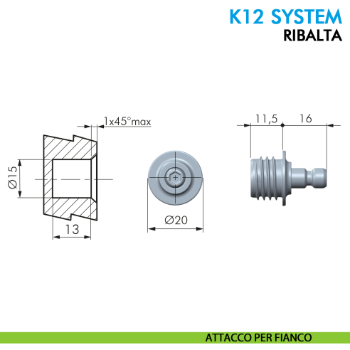 Pistone a gas Ferramenta Livenza K12 System ribalta apertura ammortizzata lunghezza 244 mm - disegno attacco per fianco