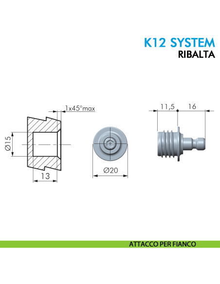 Pistone a gas Ferramenta Livenza K12 System ribalta apertura ammortizzata lunghezza 244 mm - disegno attacco per fianco