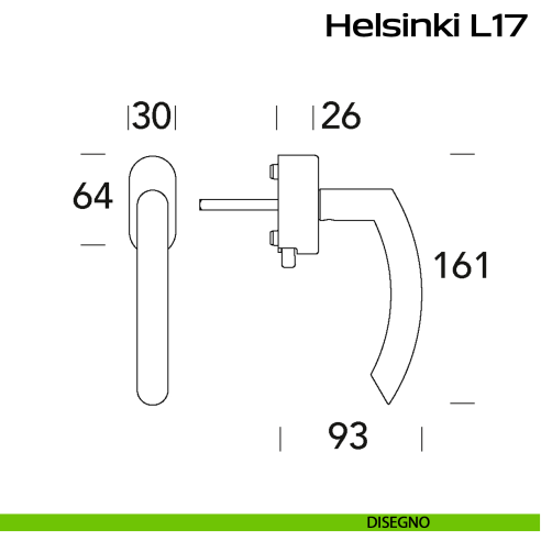 Maniglia in acciaio per finestra DK con pulsante su placca Helsinki L17 Reguitti Inox disegno
