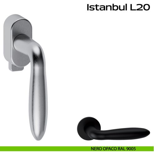 Maniglia in acciaio per finestra DK con pulsante su placca Istanbul L20 Reguitti Inox - nero opaco RAL 9005