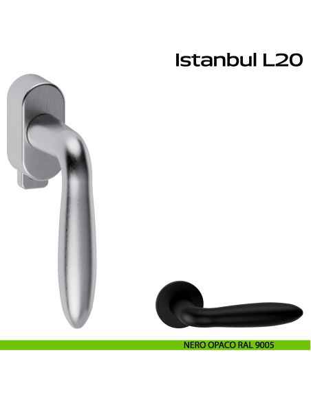 Maniglia in acciaio per finestra DK con pulsante su placca Istanbul L20 Reguitti Inox - nero opaco RAL 9005