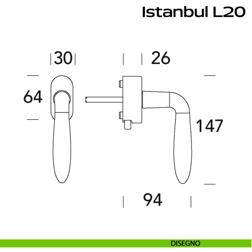 Maniglia in acciaio per finestra DK con pulsante su placca Istanbul L20 Reguitti Inox disegno
