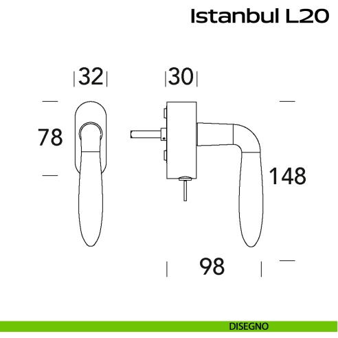 Maniglia in acciaio per finestra DK con chiave Istanbul L20 Reguitti Inox disegno