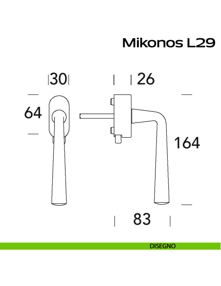 Maniglia in acciaio per finestra DK con pulsante su placca Mikonos L29 Reguitti Inox disegno