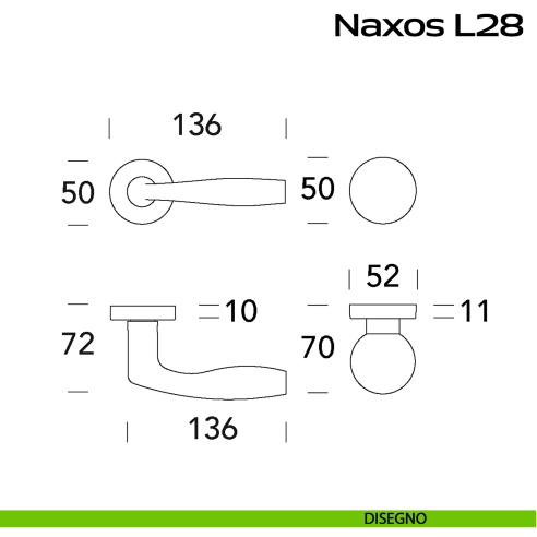 Maniglia in acciaio Naxos L28 e pomolo fisso C59 Reguitti Inox disegno