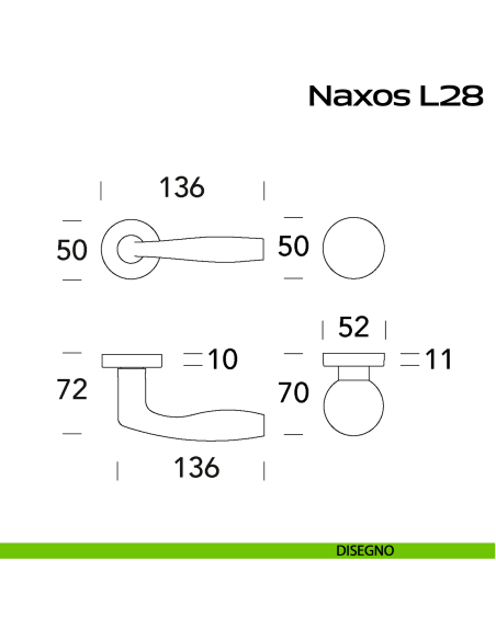 Maniglia in acciaio Naxos L28 e pomolo fisso C59 Reguitti Inox disegno