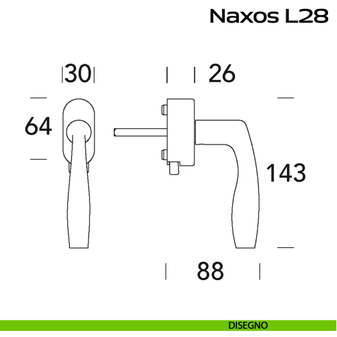 Maniglia in acciaio per finestra DK con pulsante su placca Naxos L28 Reguitti Inox disegno