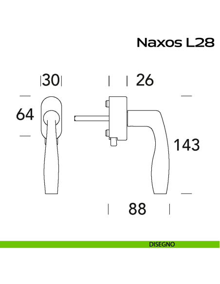 Maniglia in acciaio per finestra DK con pulsante su placca Naxos L28 Reguitti Inox disegno