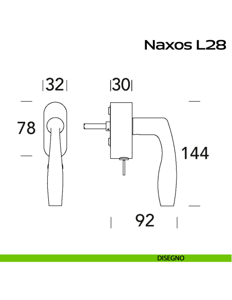 Maniglia in acciaio per finestra DK con funzione TBT Naxos L28 Reguitti Inox disegno