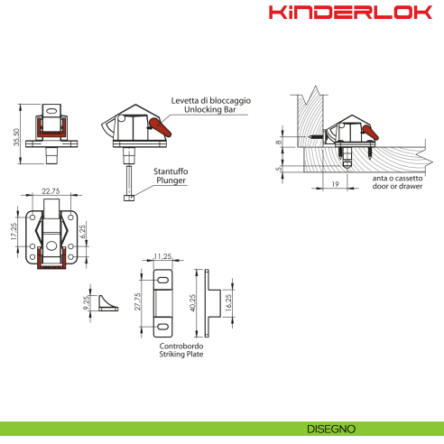 Serratura magnetica invisibile Kinder-Lok KYR Securital per antine e cassetti R 201 - disegno
