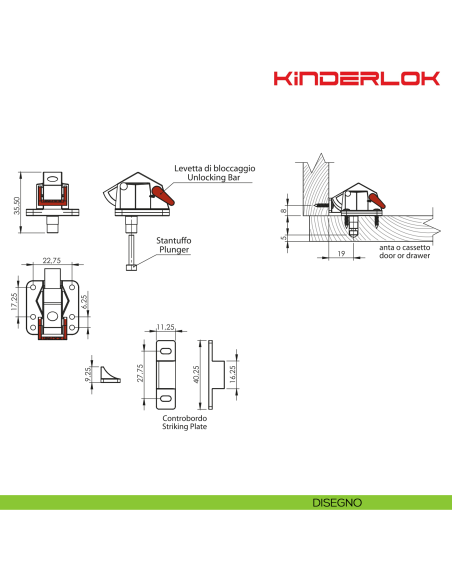 Serratura magnetica invisibile Kinder-Lok KYR Securital per antine e cassetti R 201 - disegno