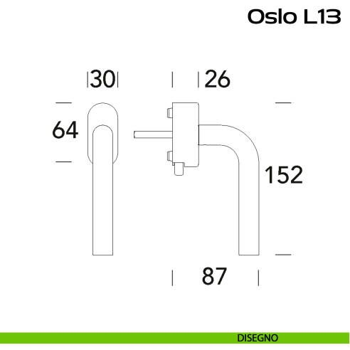 Maniglia in acciaio per finestra DK con pulsante su placca Oslo L13 Reguitti Inox disegno