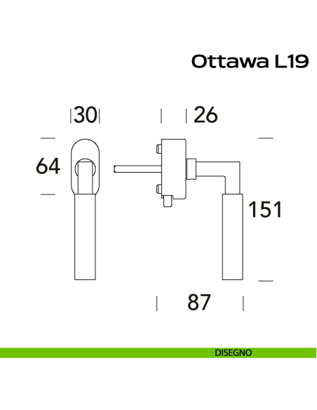 Maniglia in acciaio per finestra DK con pulsante su placca Ottawa L19 Reguitti Inox disegno