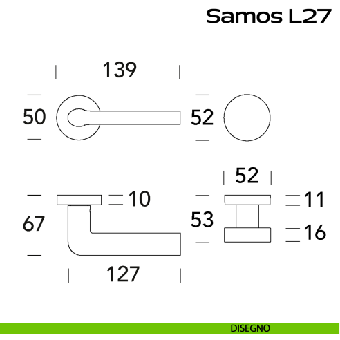 Maniglia in acciaio Samos L27 e pomolo fisso 2Q1 Reguitti Inox - disegno