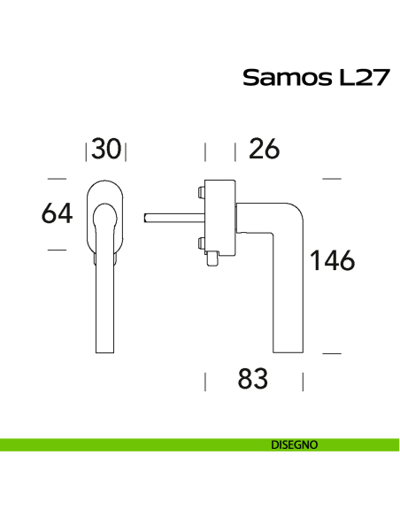 Maniglia in acciaio per finestra DK con pulsante su placca Samos L27 Reguitti Inox disegno