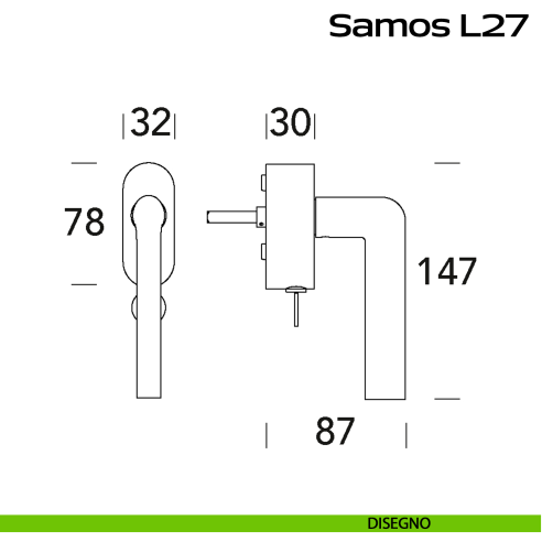 Maniglia in acciaio per finestra DK con funzione TBT Samos L27 Reguitti Inox disegno