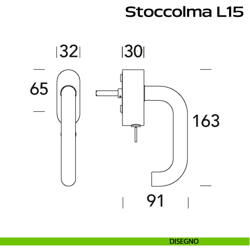 Maniglia in acciaio per finestra DK con chiave Stoccolma L15 Reguitti Inox disegno