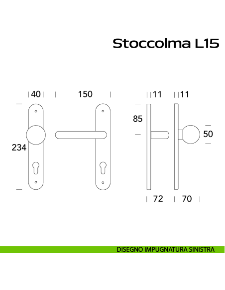 Maniglia in acciaio Stoccolma Oval L15 e pomolo fisso 059 foro yale Reguitti Inox con placca disegno SX