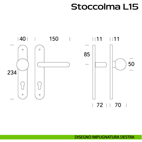 Maniglia in acciaio Stoccolma Oval L15 e pomolo fisso 059 foro yale Reguitti Inox con placca disegno DX