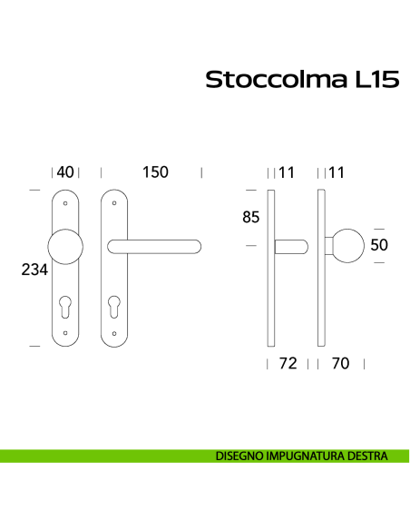 Maniglia in acciaio Stoccolma Oval L15 e pomolo fisso 059 foro yale Reguitti Inox con placca disegno DX