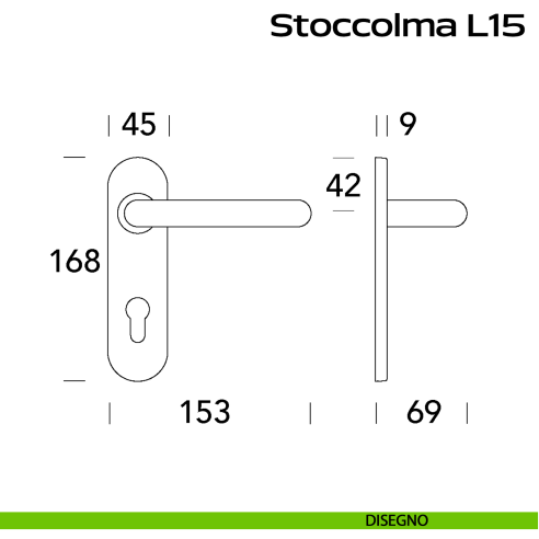 Maniglia in acciaio per porta tagliafuoco Stoccolma L15 Reguitti Inox con placca disegno